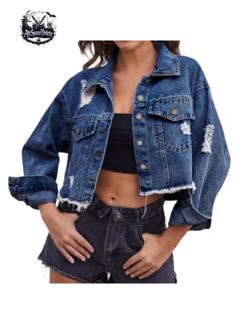 Women's Cropped Distressed Denim Jacket Button-Down Ripped Jean Coat